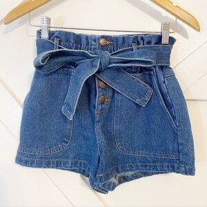 High-Waist Tie-Belt Denim Shorts - Blue
